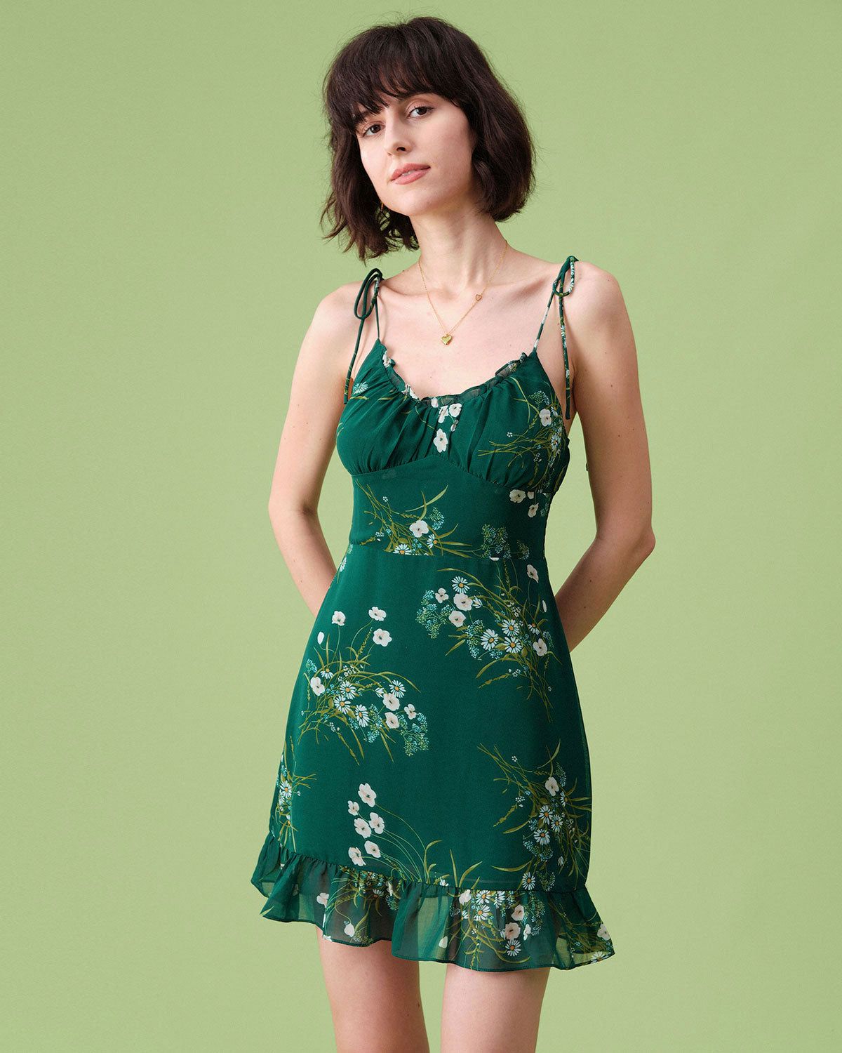 The Green Tie Shoulder Ruffle Floral Mini Dress sold by rihoas