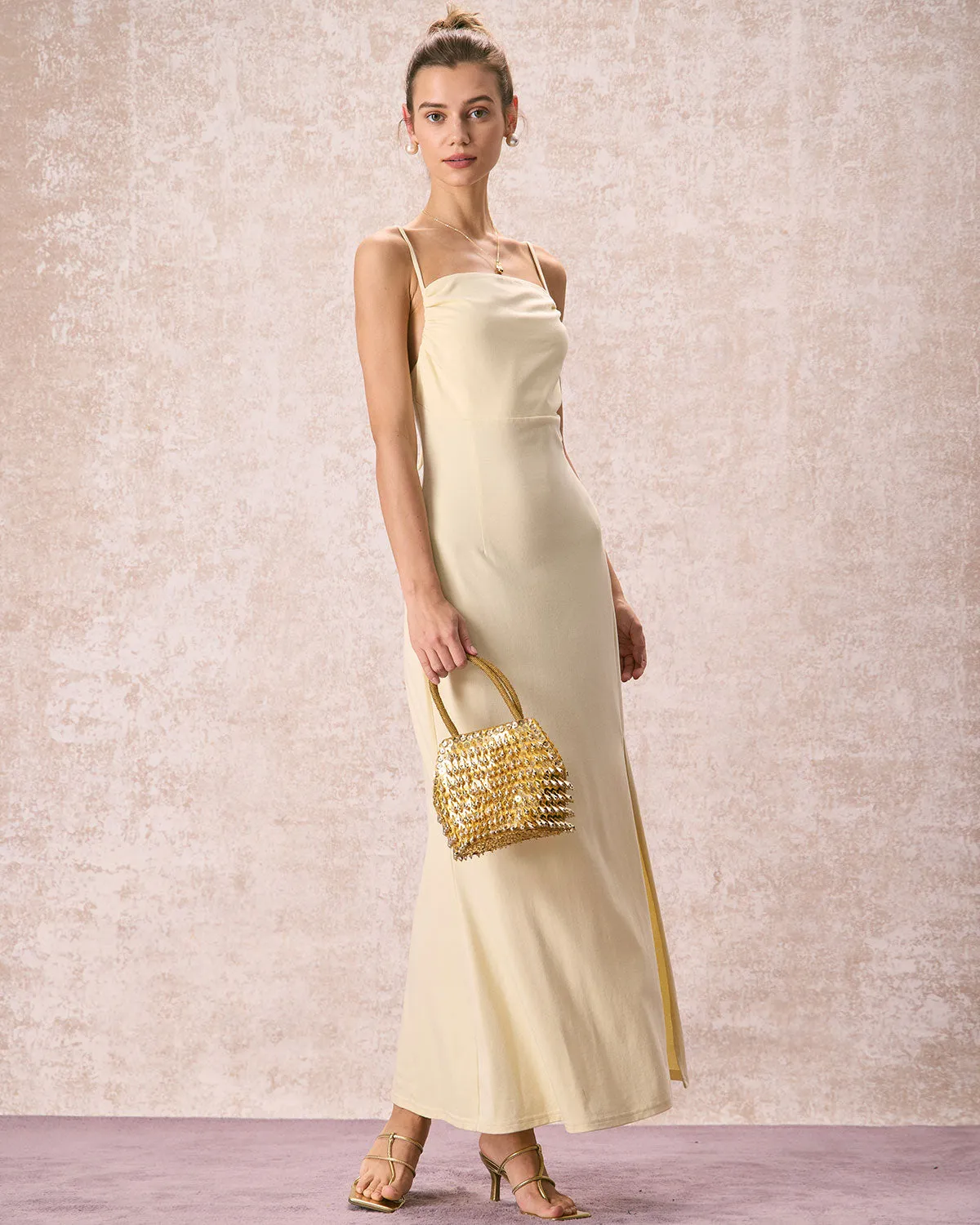 The Yellow Ruched Backless Slip Maxi Dress sold by rihoas