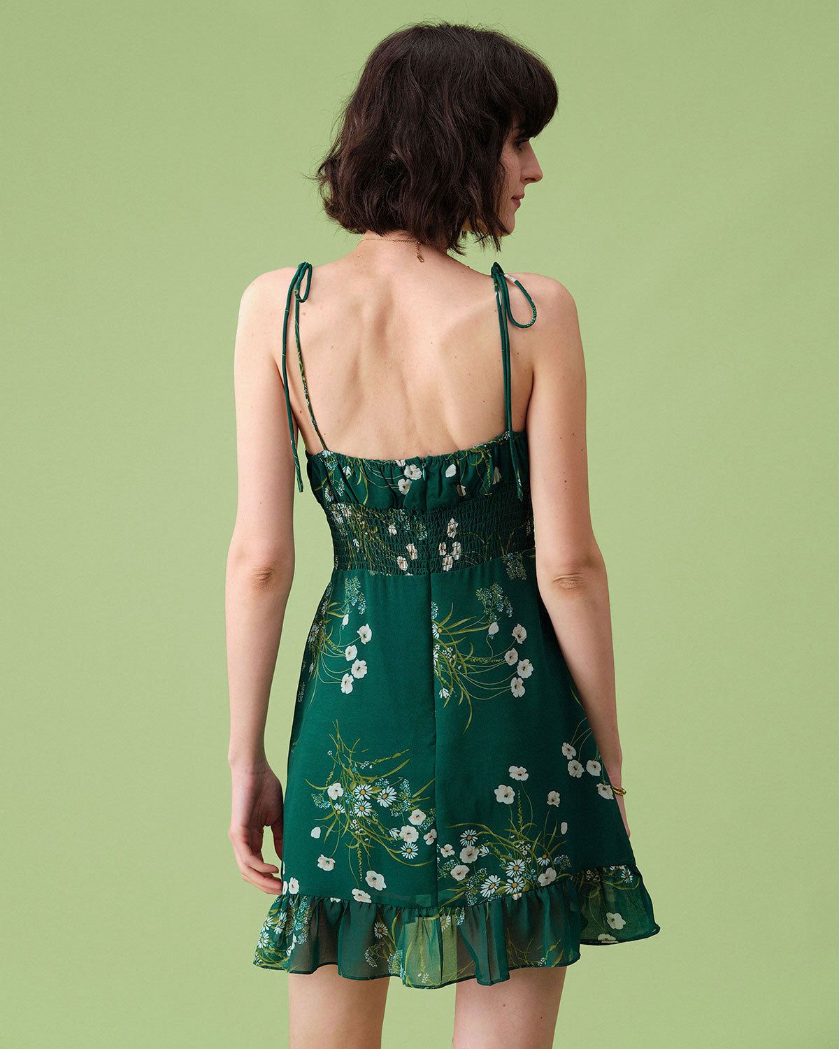 The Green Tie Shoulder Ruffle Floral Mini Dress sold by rihoas product image thumbnail 5