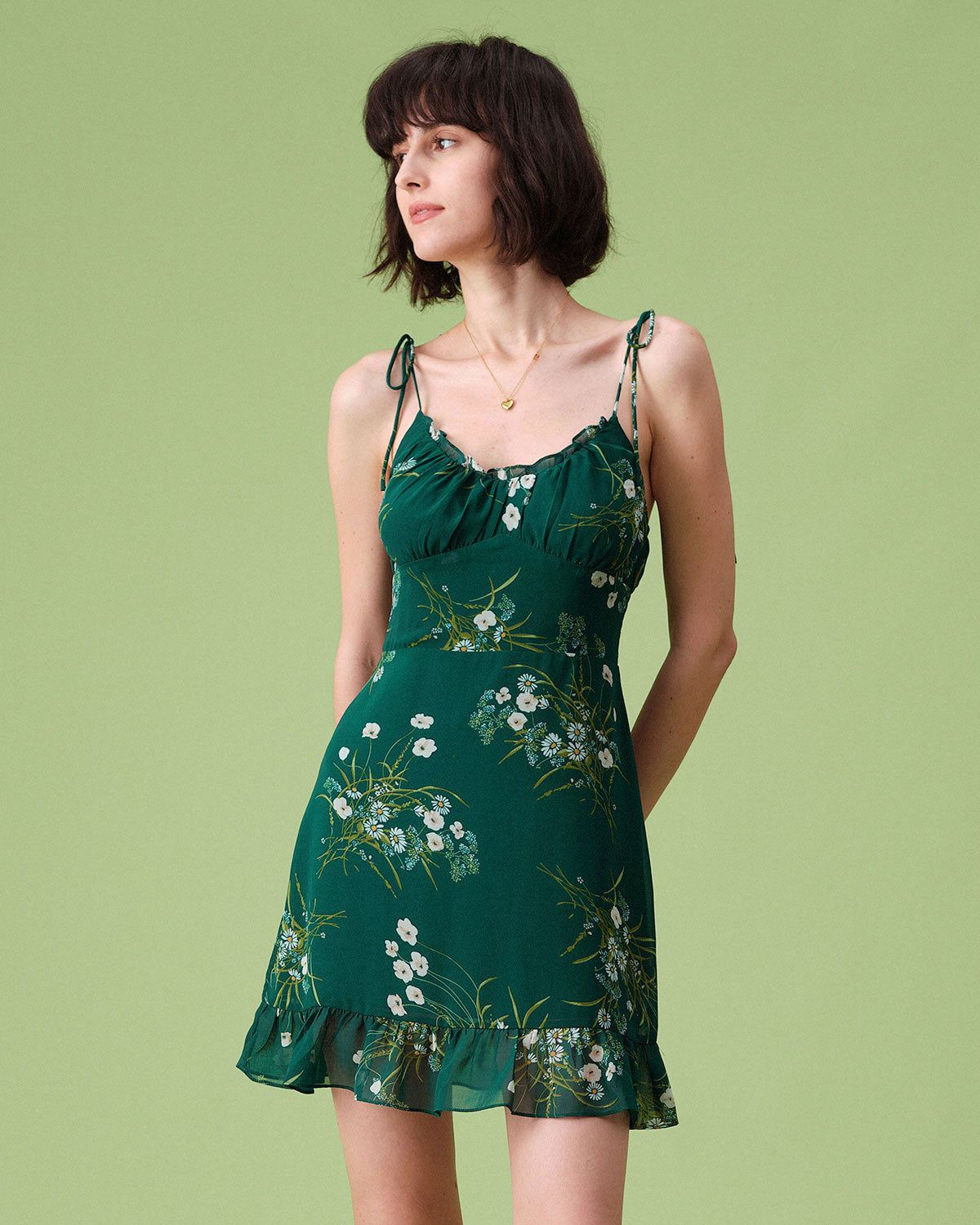 The Green Tie Shoulder Ruffle Floral Mini Dress sold by rihoas product image thumbnail 3