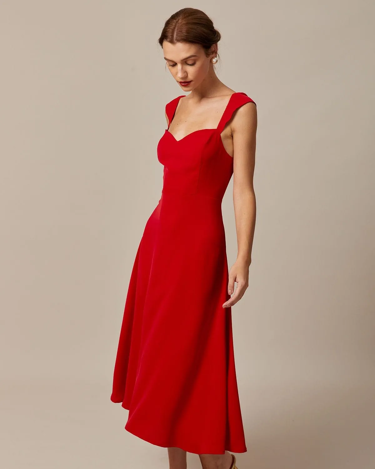 The Red Sweetheart Neck Cap Sleeve Midi Dress sold by rihoas product image thumbnail 3