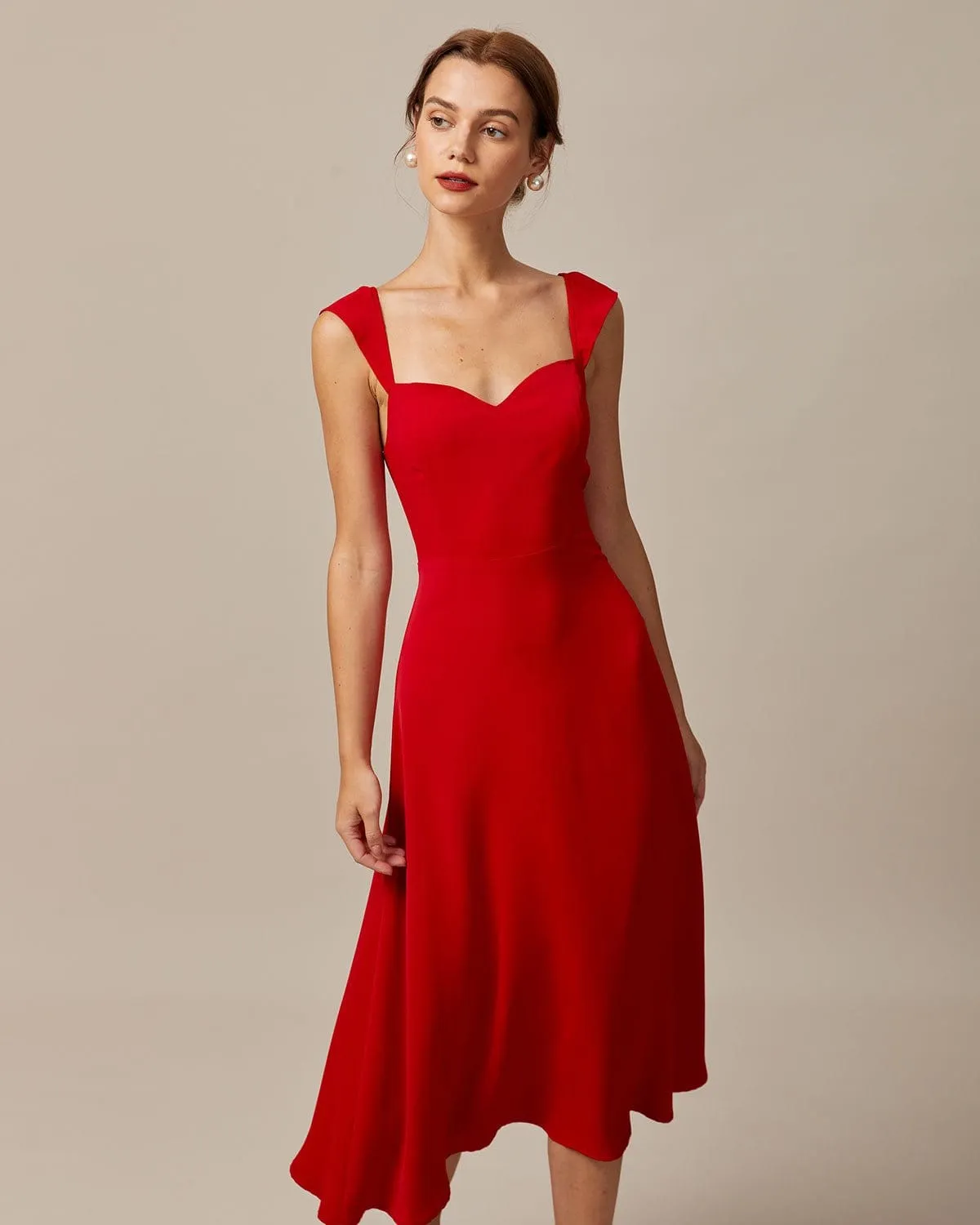 The Red Sweetheart Neck Cap Sleeve Midi Dress sold by rihoas product image thumbnail 4
