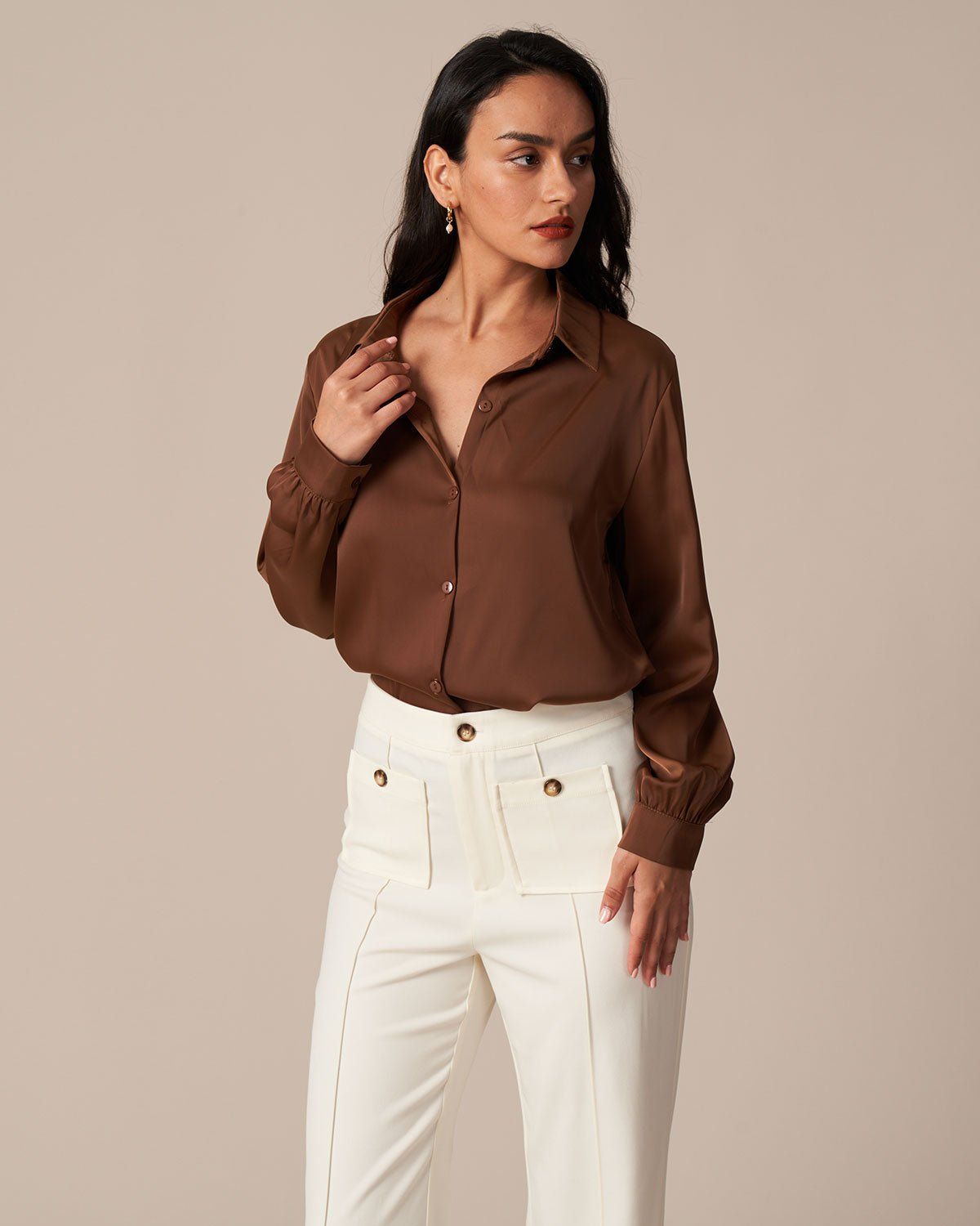 The Solid Button Up Long Sleeve Satin Shirt sold by rihoas product image thumbnail 16