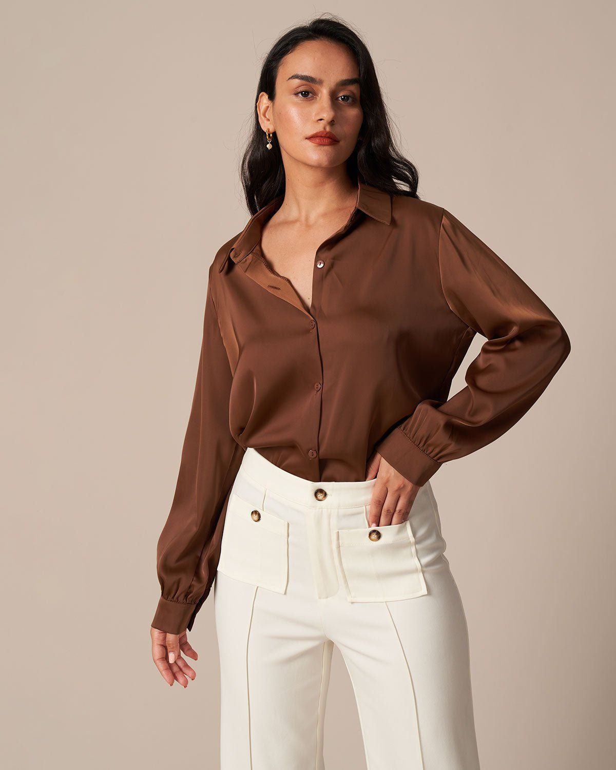 The Solid Button Up Long Sleeve Satin Shirt sold by rihoas product image thumbnail 13