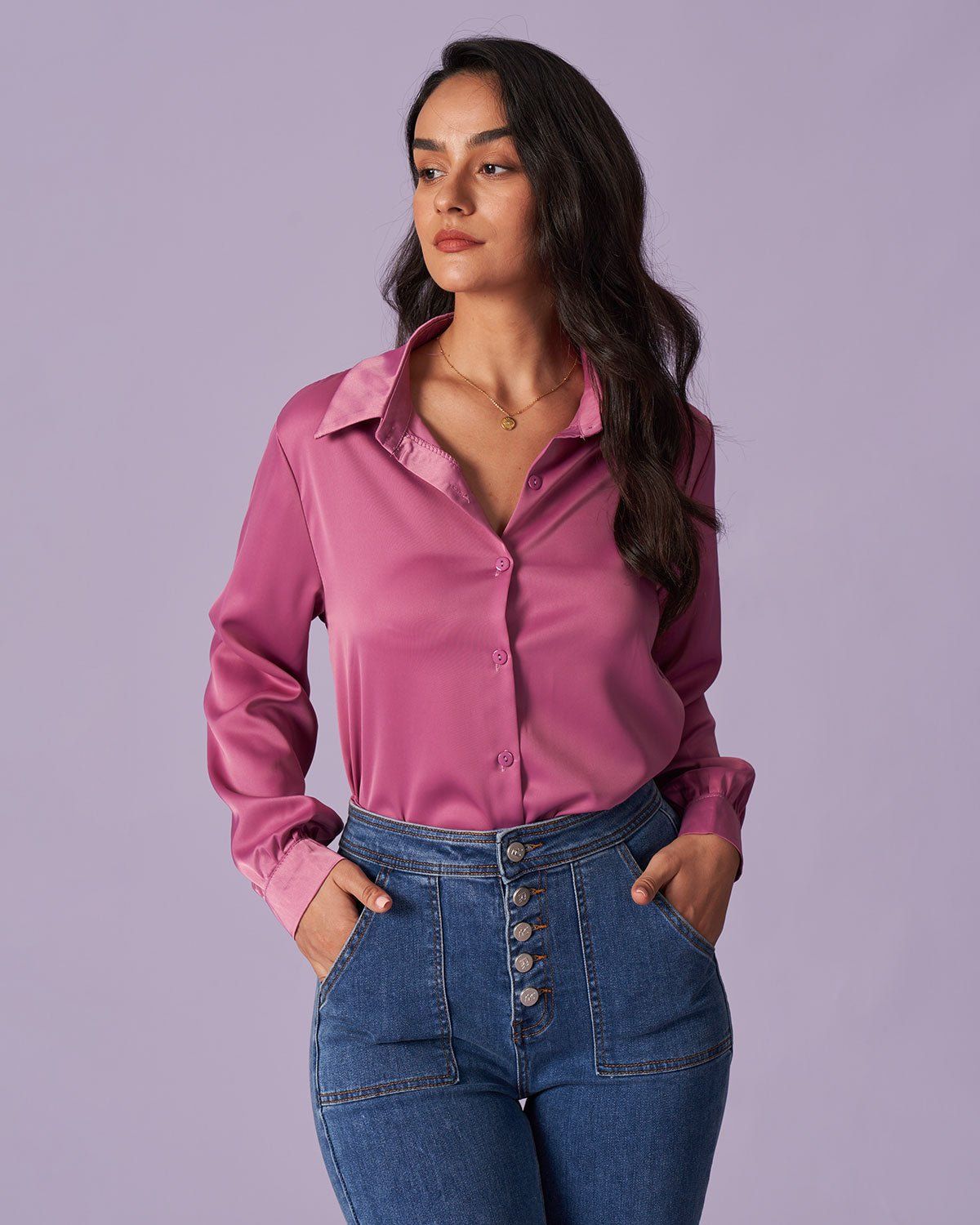 The Solid Button Up Long Sleeve Satin Shirt sold by rihoas product image thumbnail 10