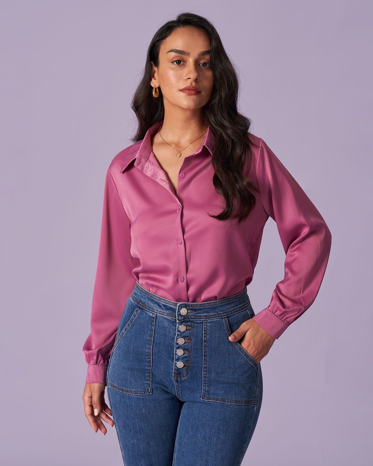 The Solid Button Up Long Sleeve Satin Shirt sold by rihoas product image thumbnail 7