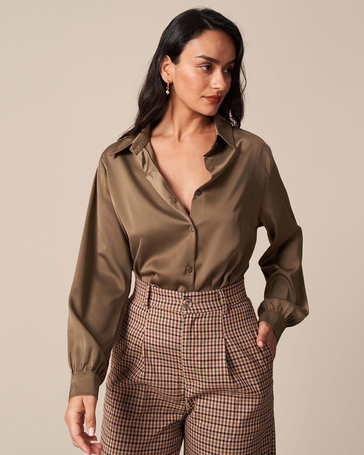 The Solid Button Up Long Sleeve Satin Shirt sold by rihoas product image thumbnail 4