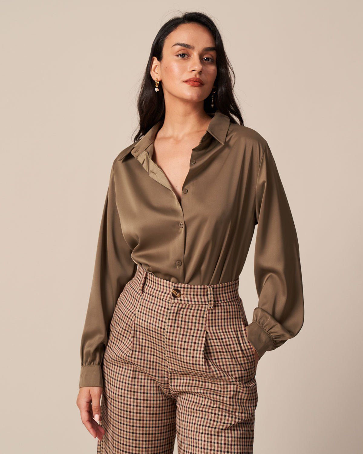 The Solid Button Up Long Sleeve Satin Shirt sold by rihoas