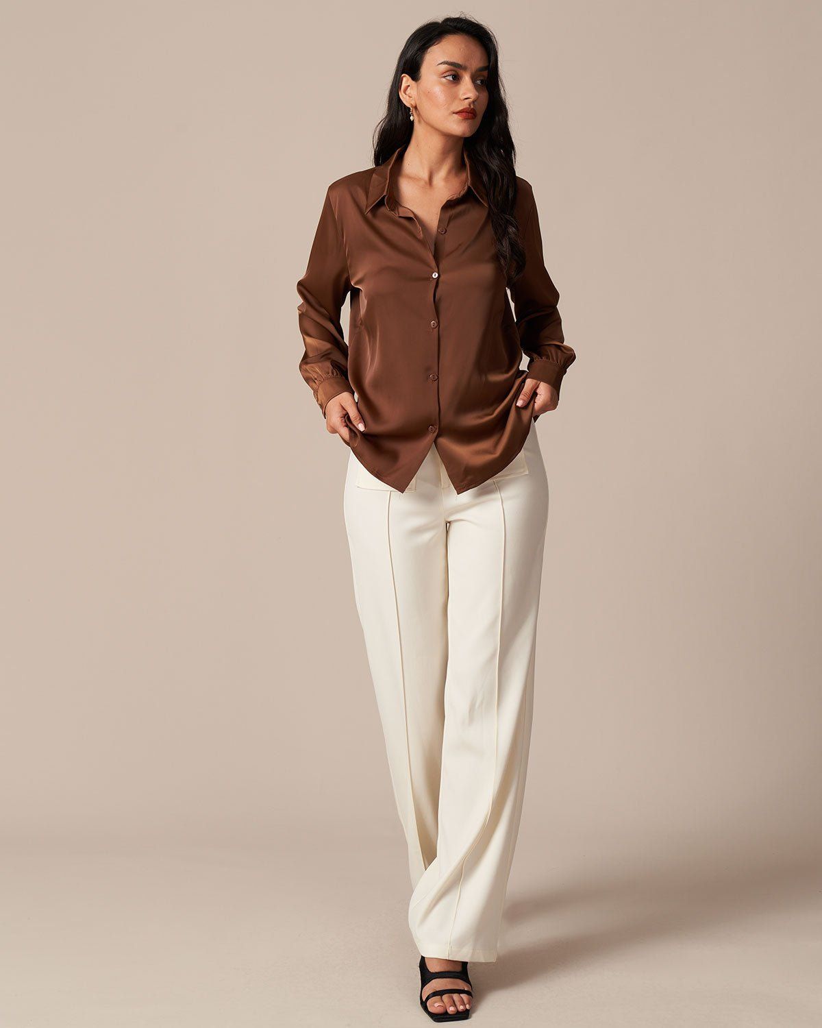 The Solid Button Up Long Sleeve Satin Shirt sold by rihoas product image thumbnail 14