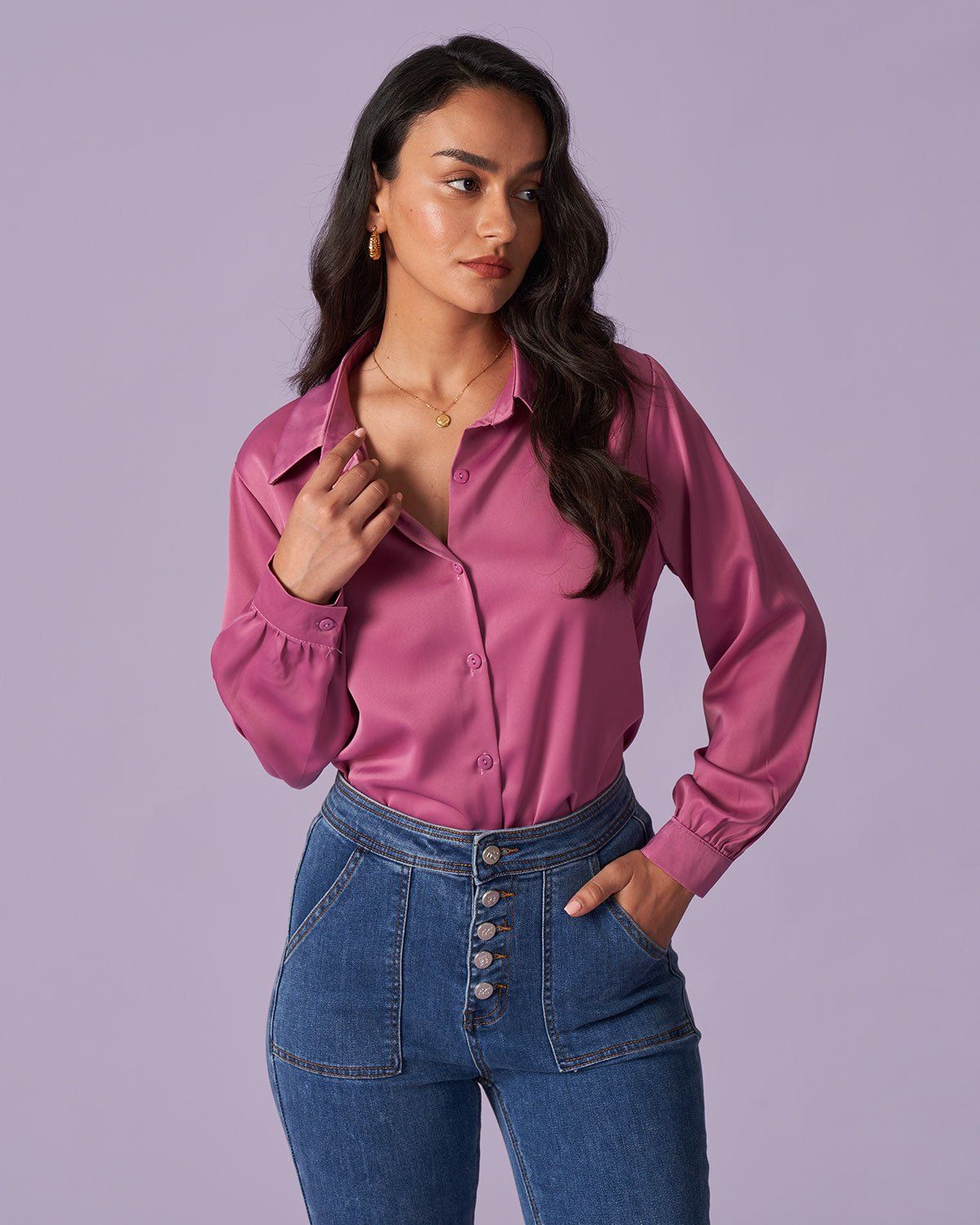 The Solid Button Up Long Sleeve Satin Shirt sold by rihoas product image thumbnail 11