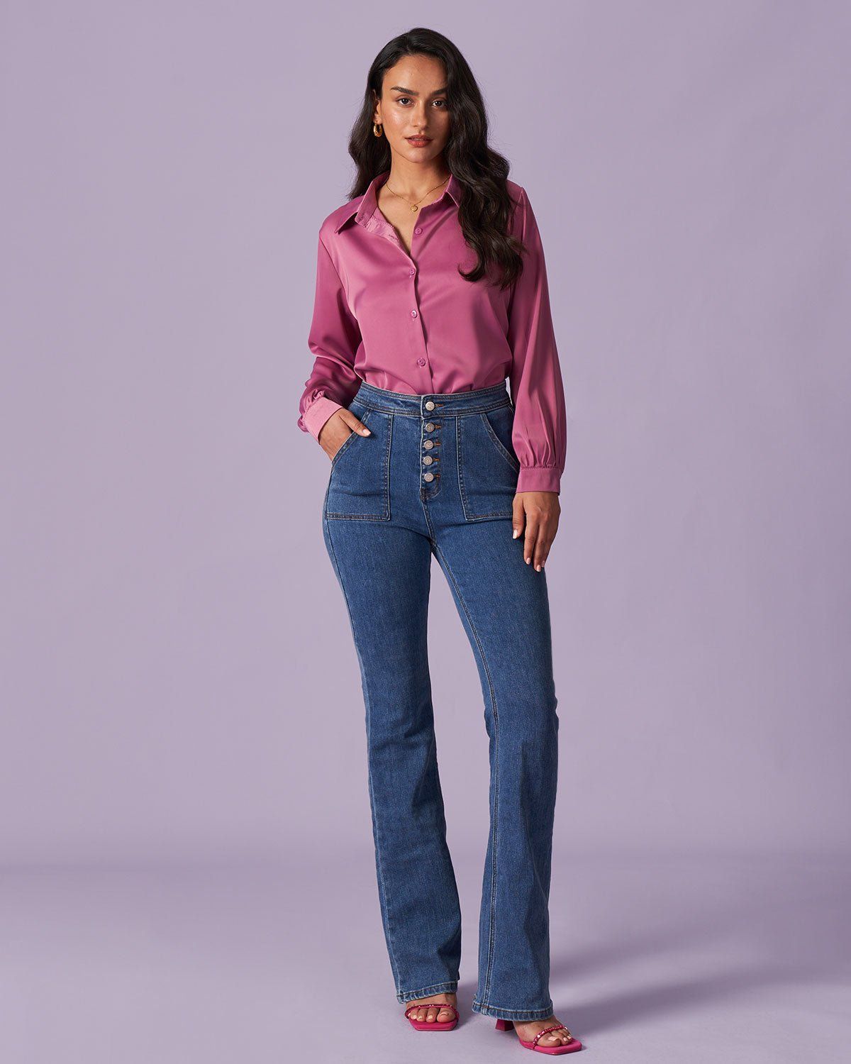 The Solid Button Up Long Sleeve Satin Shirt sold by rihoas product image thumbnail 8