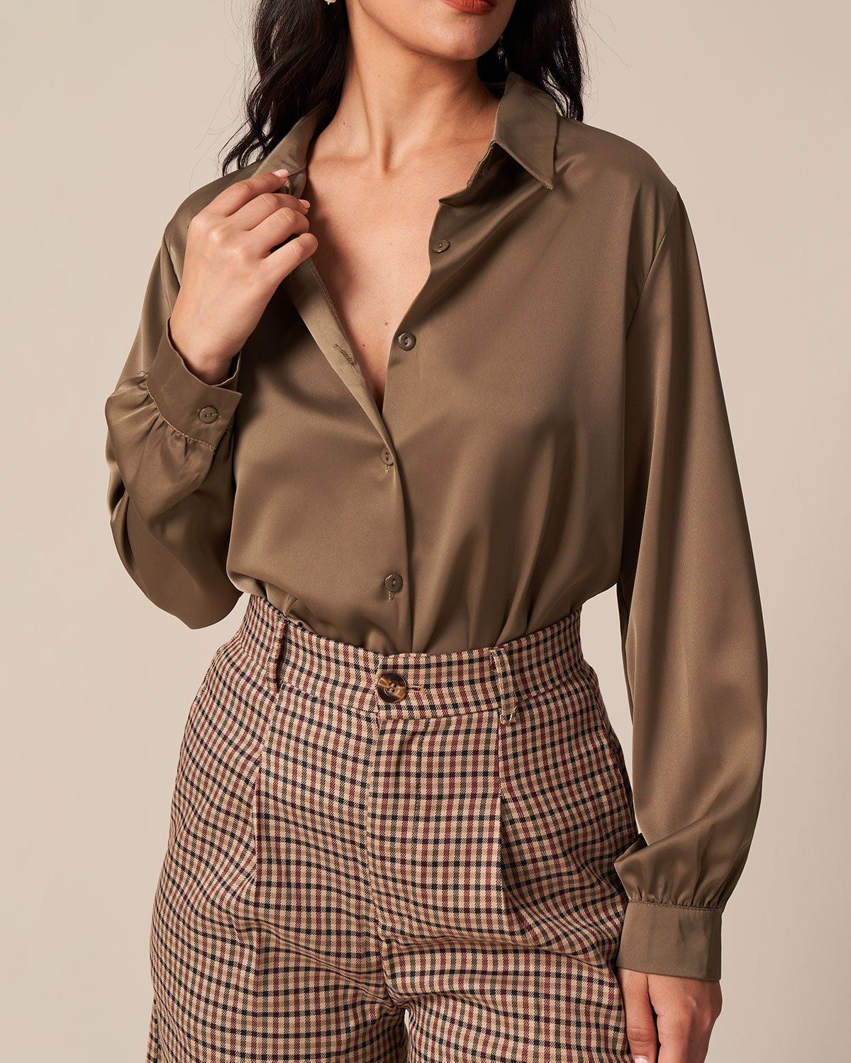 The Solid Button Up Long Sleeve Satin Shirt sold by rihoas product image thumbnail 5