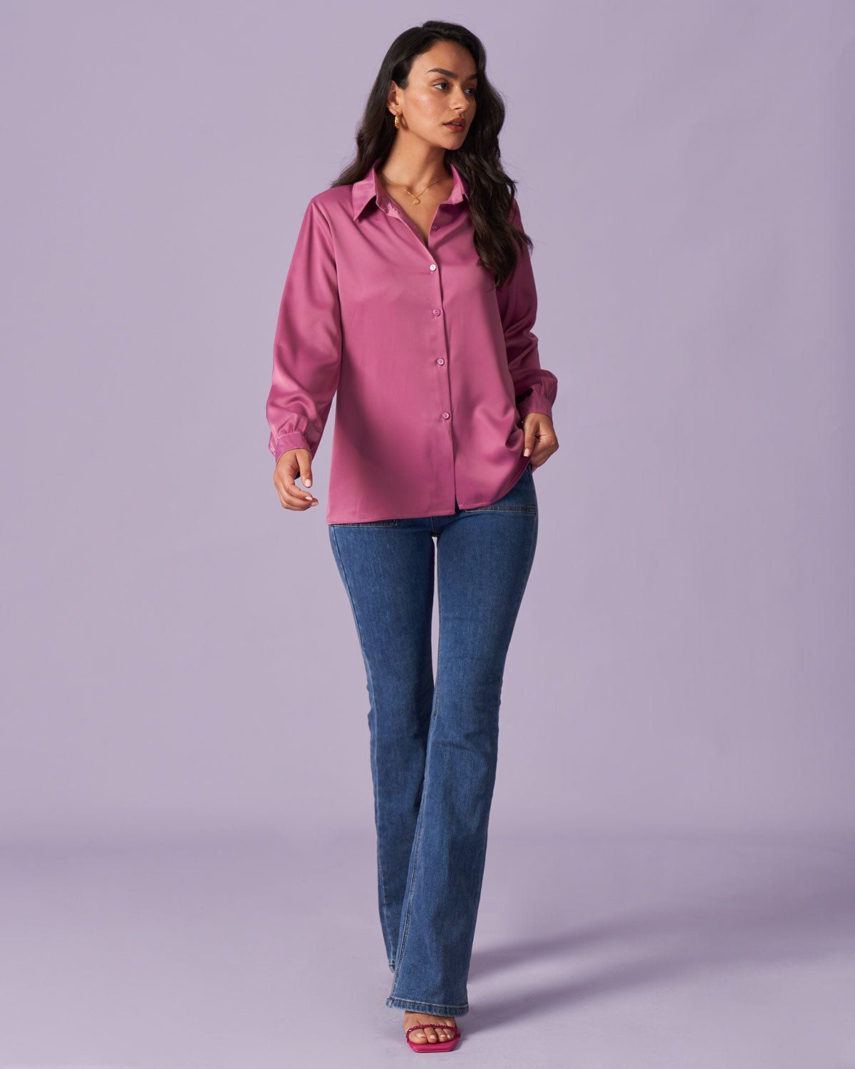 The Solid Button Up Long Sleeve Satin Shirt sold by rihoas product image thumbnail 9