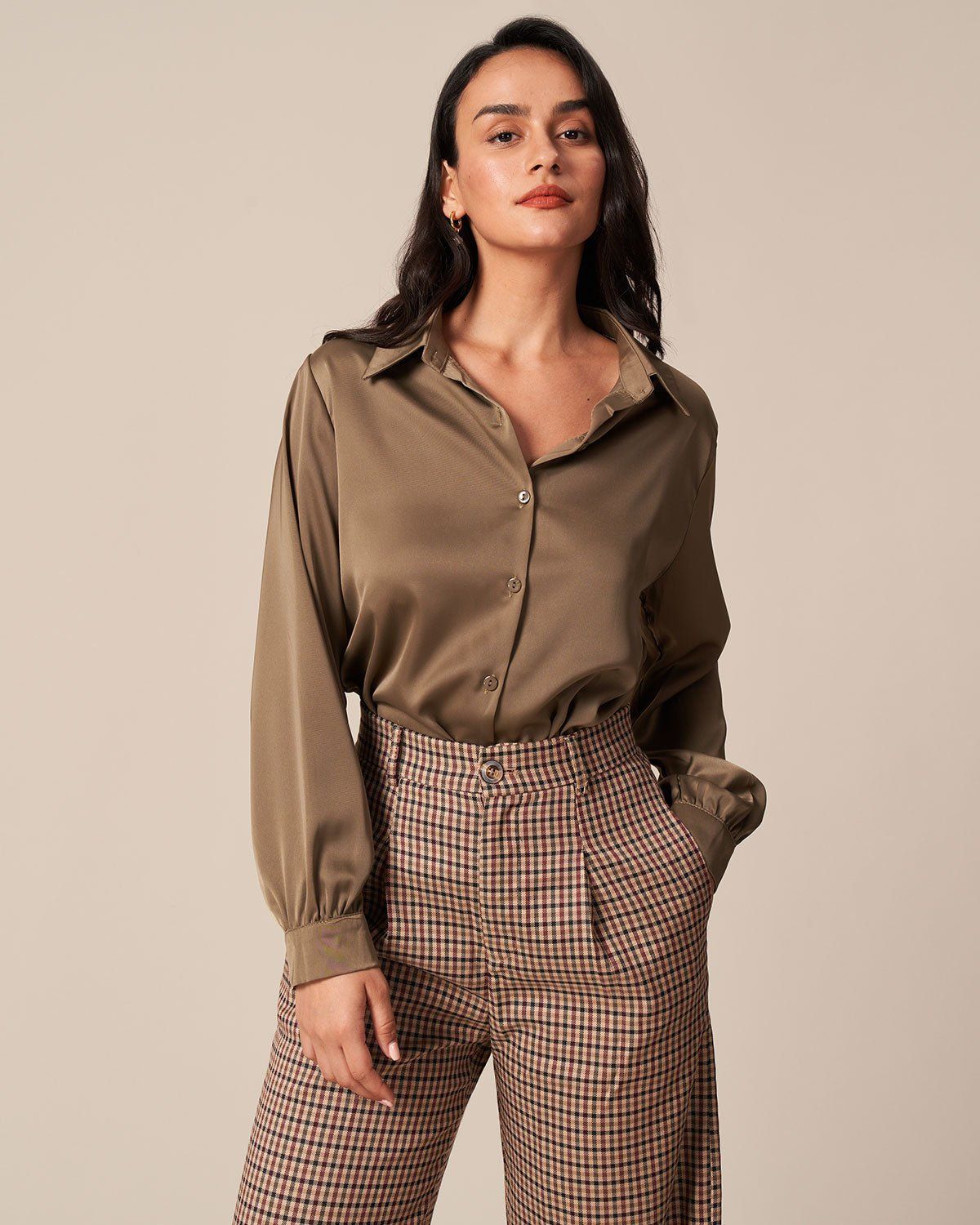 The Solid Button Up Long Sleeve Satin Shirt sold by rihoas product image thumbnail 3