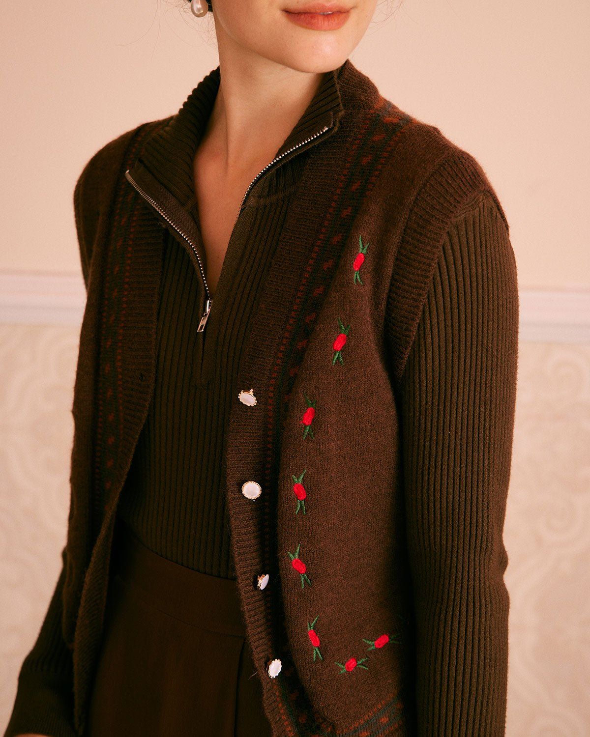 The Coffee V Neck Floral Embroidery Vest sold by rihoas product image thumbnail 2