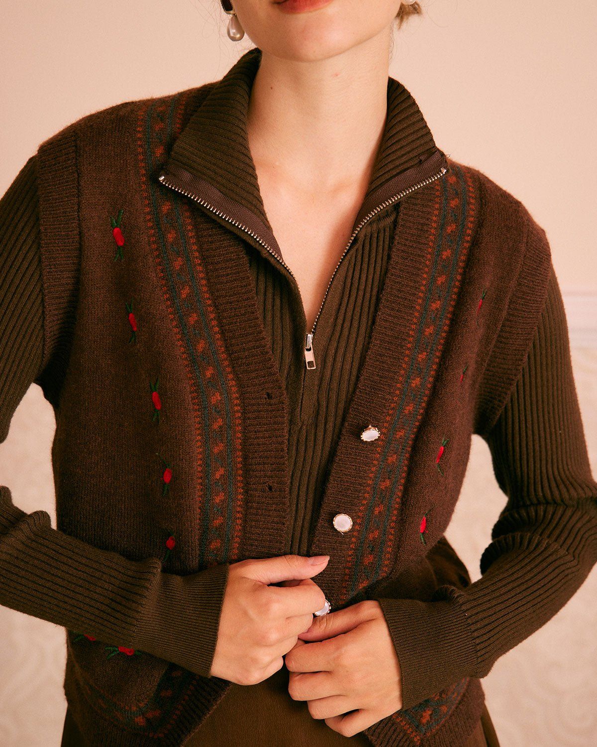 The Coffee V Neck Floral Embroidery Vest sold by rihoas product image thumbnail 3