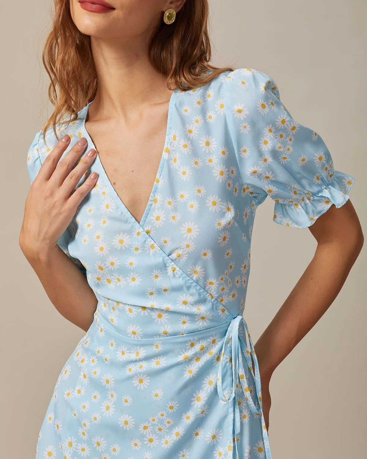 The Blue V Neck Floral Daisy Wrap Mini Dress sold by rihoas product image thumbnail 4