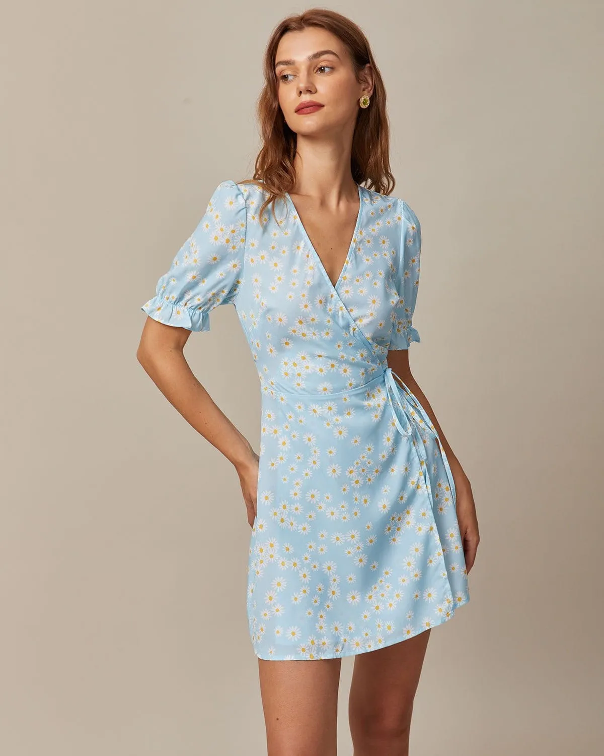 The Blue V Neck Floral Daisy Wrap Mini Dress sold by rihoas product image thumbnail 2
