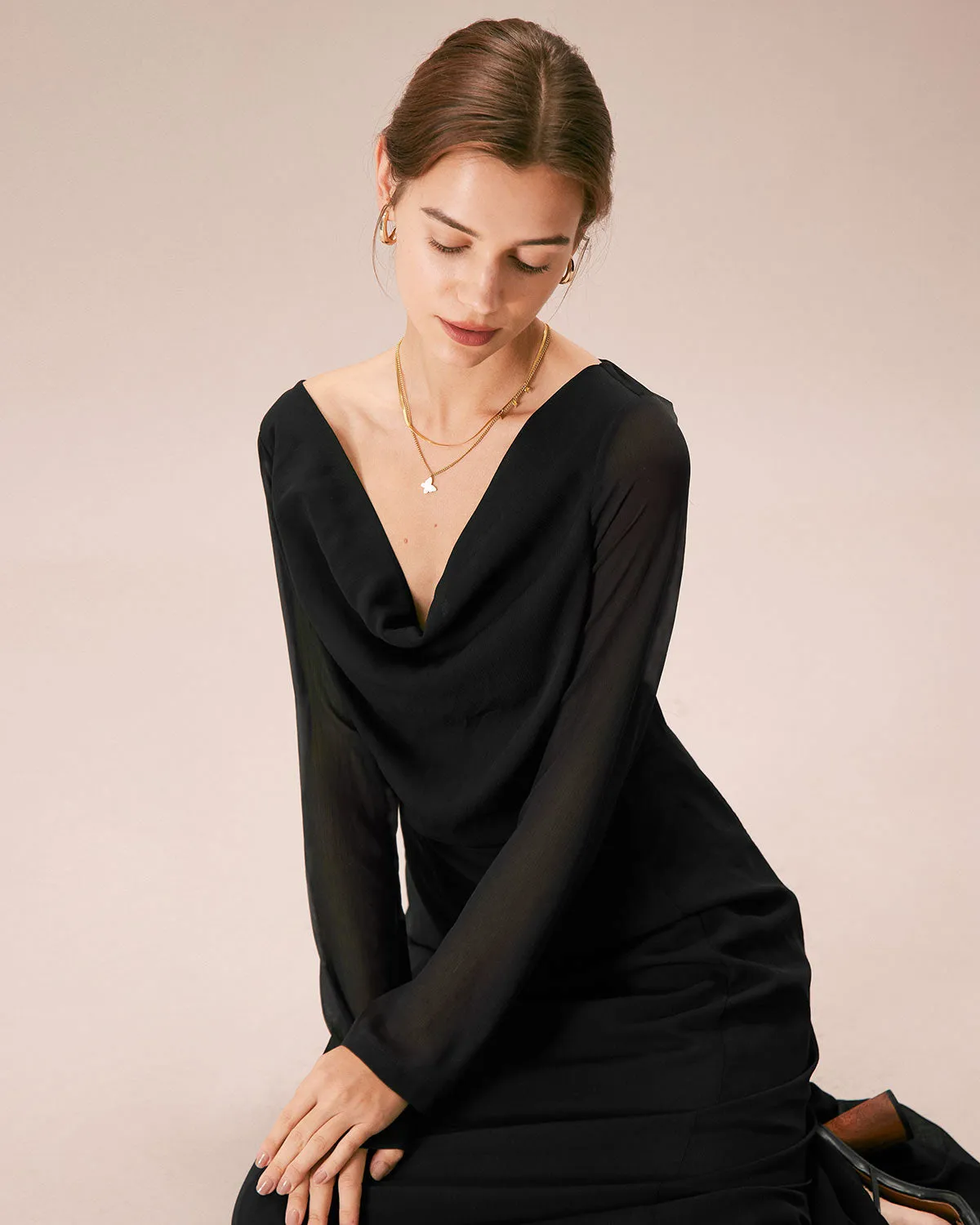 The Black Cowl Neck Long Sleeve Maxi Dress sold by rihoas product image thumbnail 3
