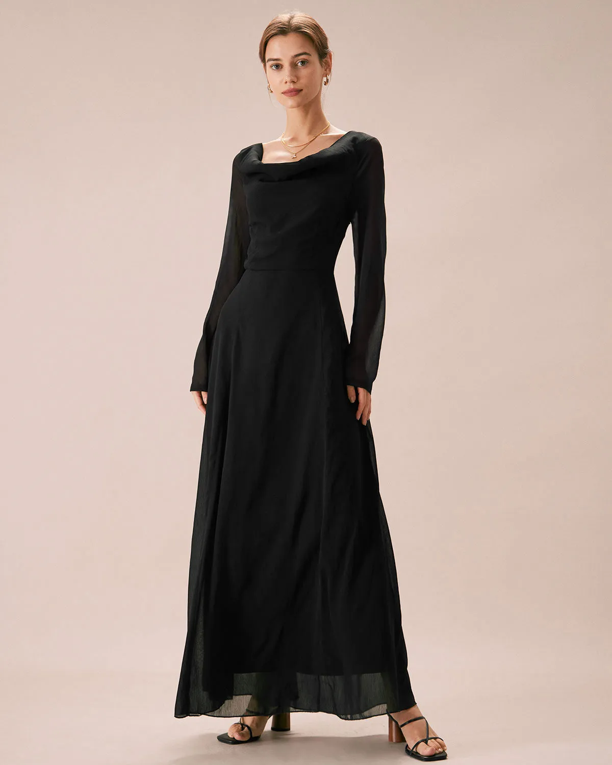 The Black Cowl Neck Long Sleeve Maxi Dress sold by rihoas