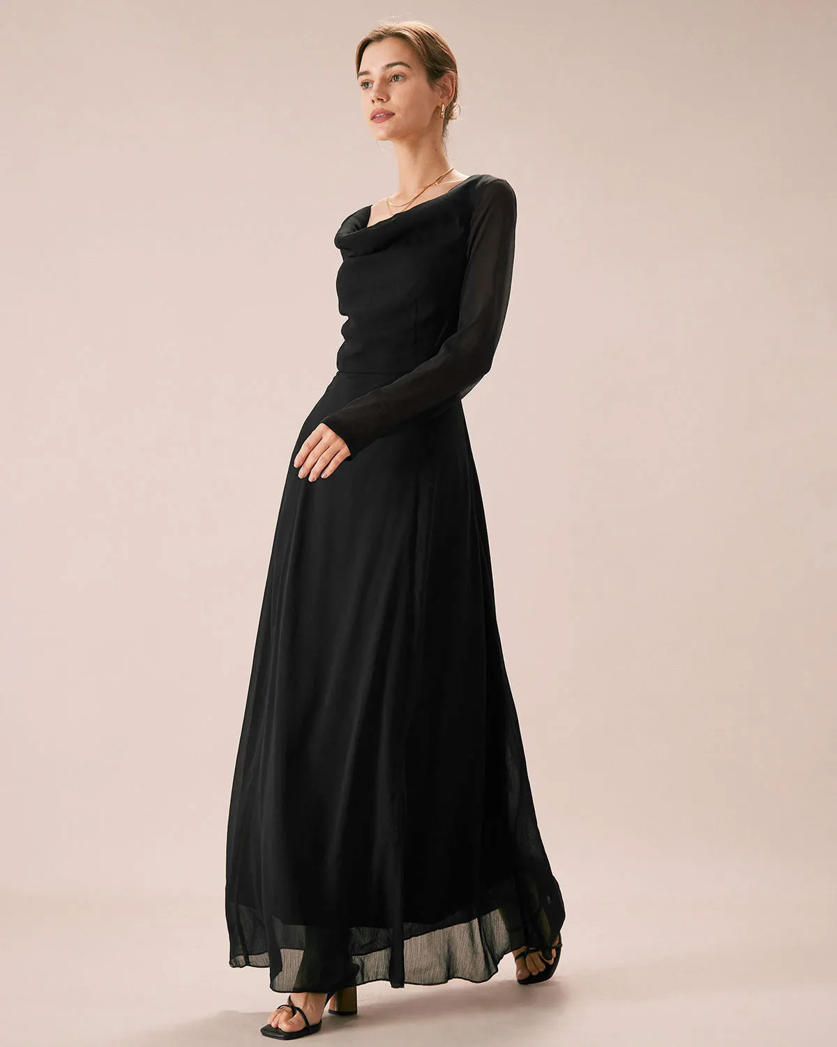 The Black Cowl Neck Long Sleeve Maxi Dress sold by rihoas product image thumbnail 4