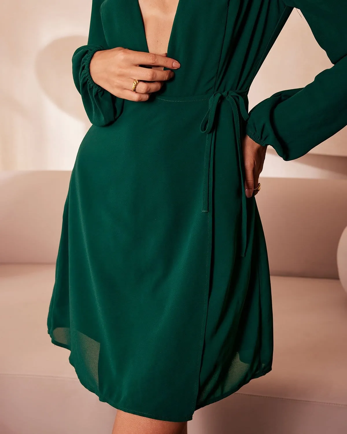 The Green Deep V Neck Tie Wrap Mini Dress sold by rihoas product image thumbnail 5