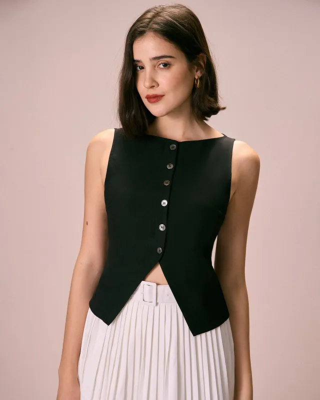 The Black Boat Neck Button Tank Top sold by rihoas