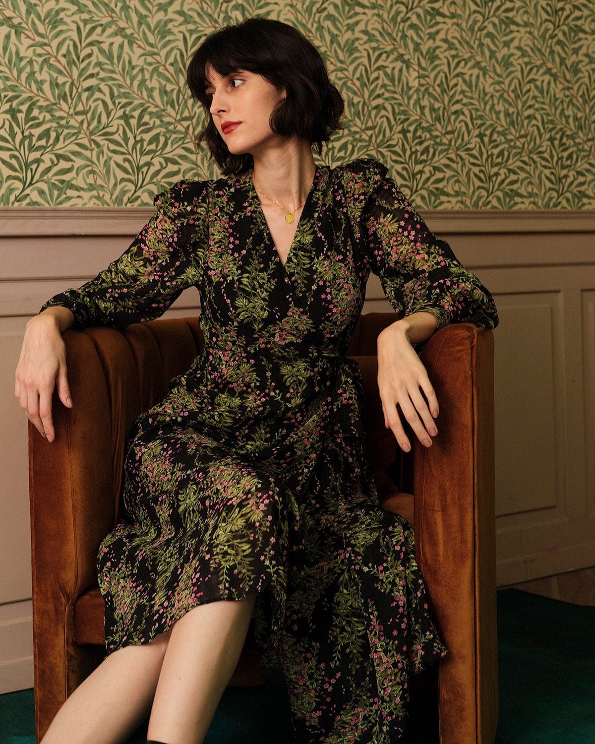 The Long Sleeve Wrap Floral Midi Dress sold by rihoas product image thumbnail 2