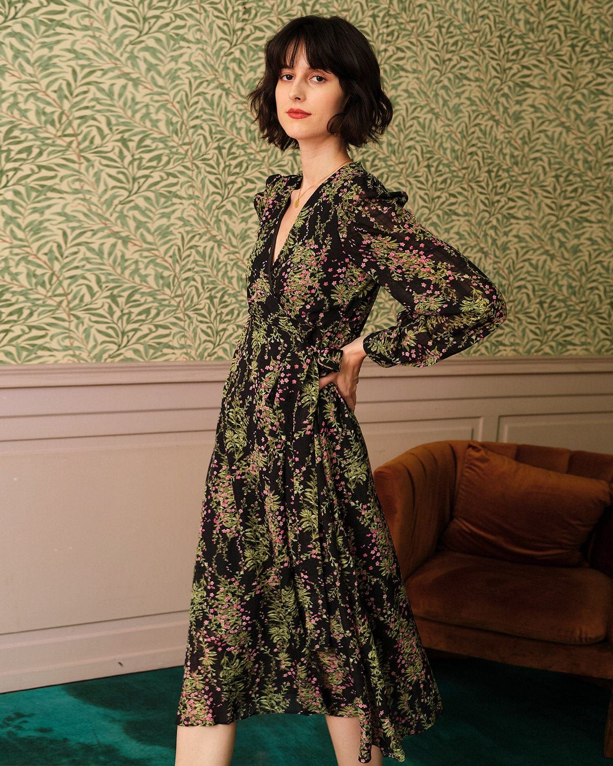 The Long Sleeve Wrap Floral Midi Dress sold by rihoas product image thumbnail 4