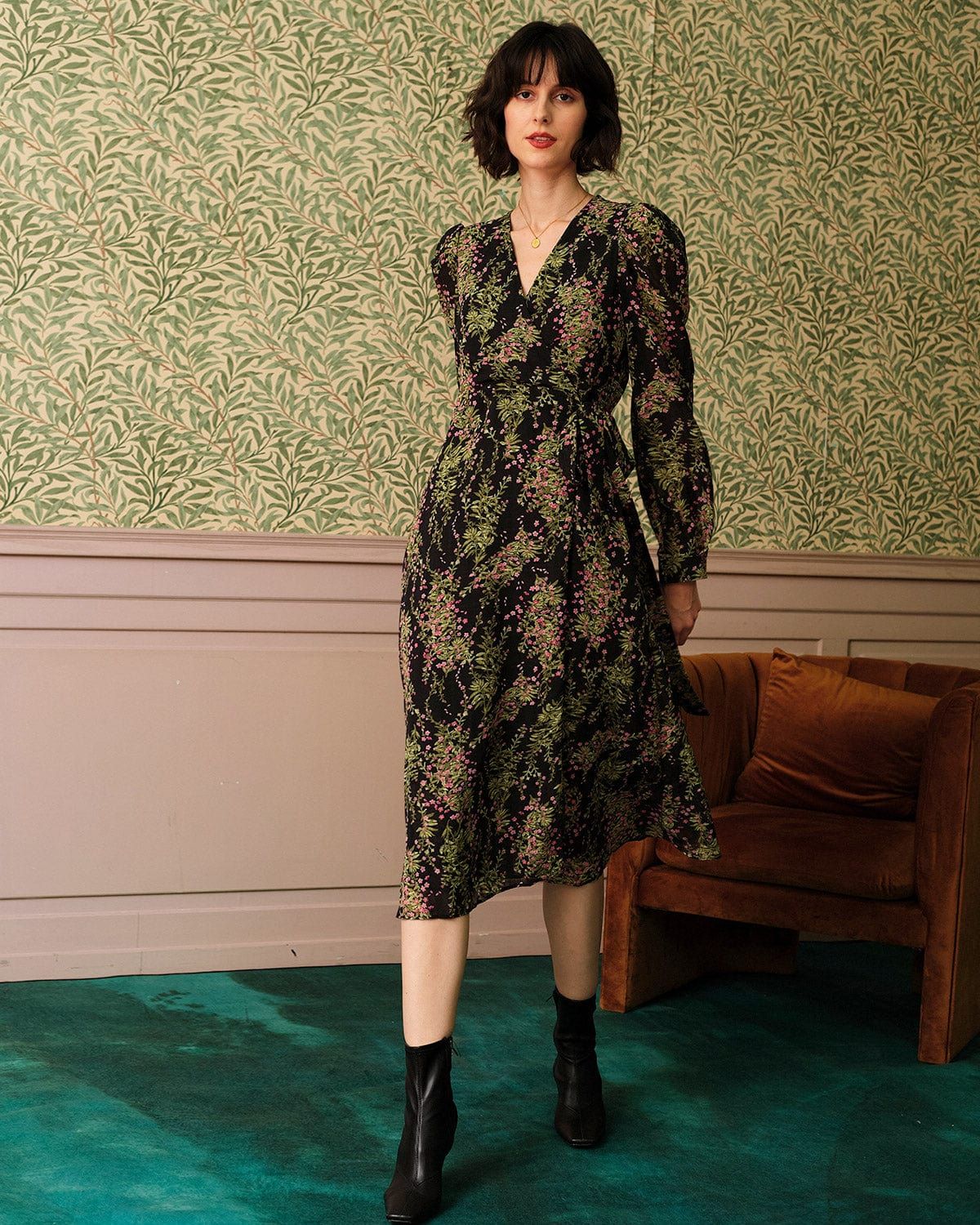 The Long Sleeve Wrap Floral Midi Dress sold by rihoas