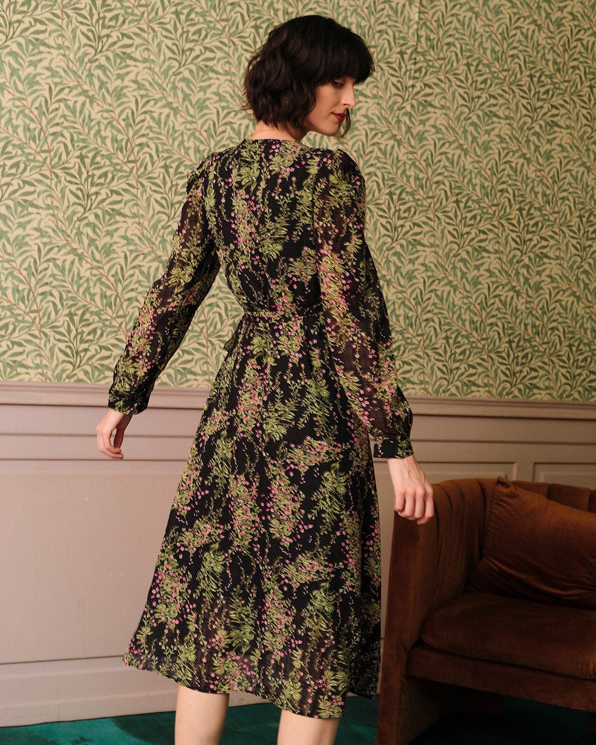 The Long Sleeve Wrap Floral Midi Dress sold by rihoas product image thumbnail 5