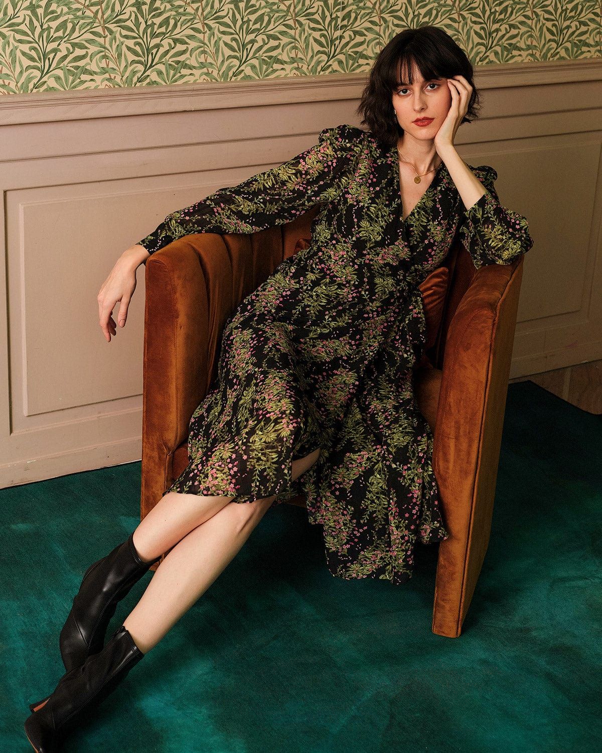 The Long Sleeve Wrap Floral Midi Dress sold by rihoas product image thumbnail 3