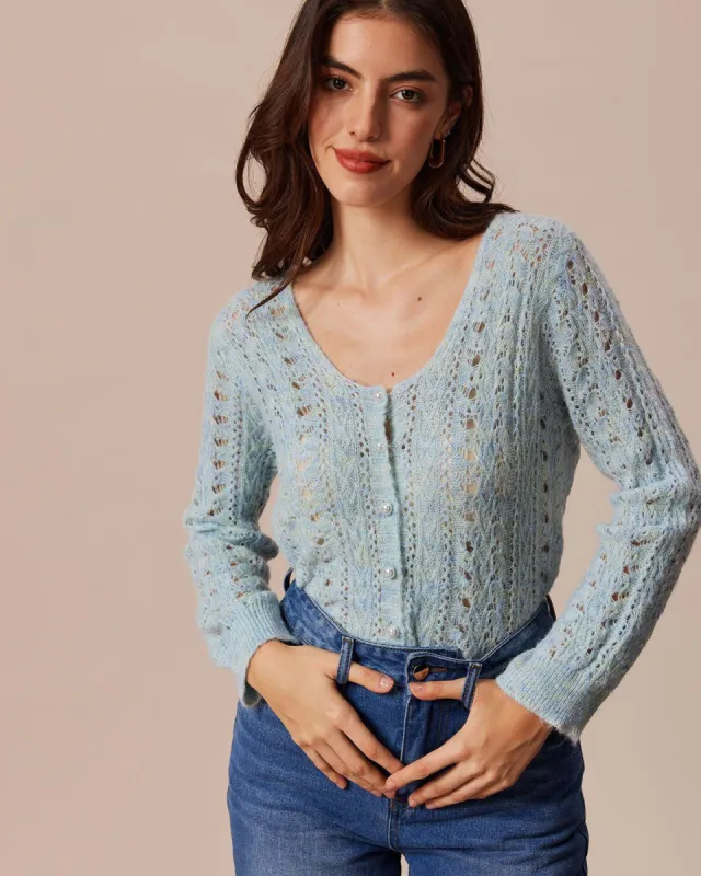 The Solid Round Neck Pointelle Cardigan sold by rihoas