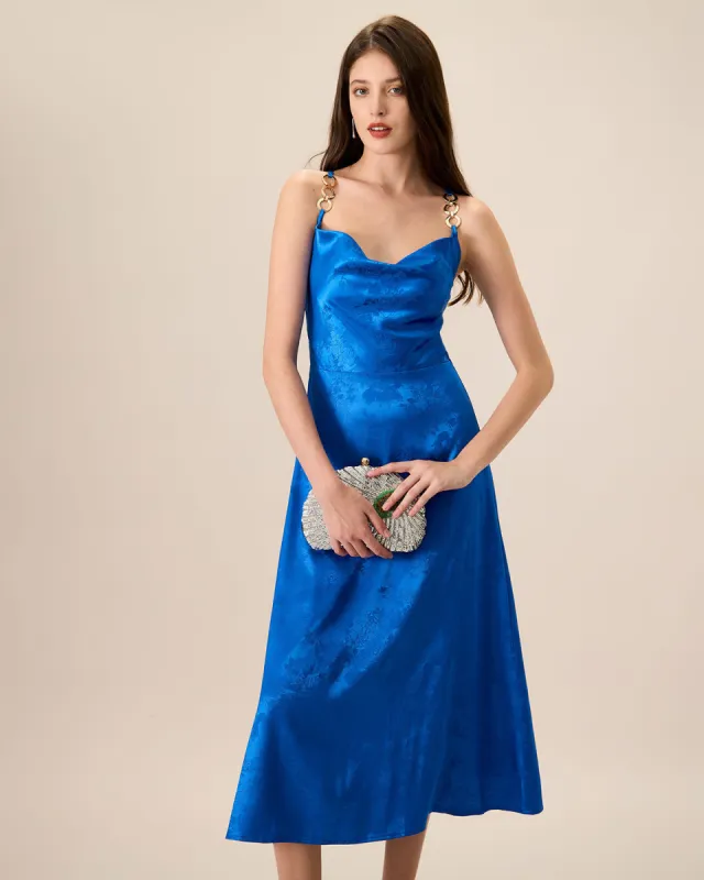 Women's Blue Cowl Neck Jacquard Slip Midi Dress sold by rihoas