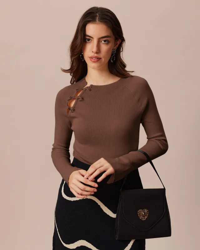 The Brown Ribbed Cut Out Bowknot Knit Top sold by rihoas