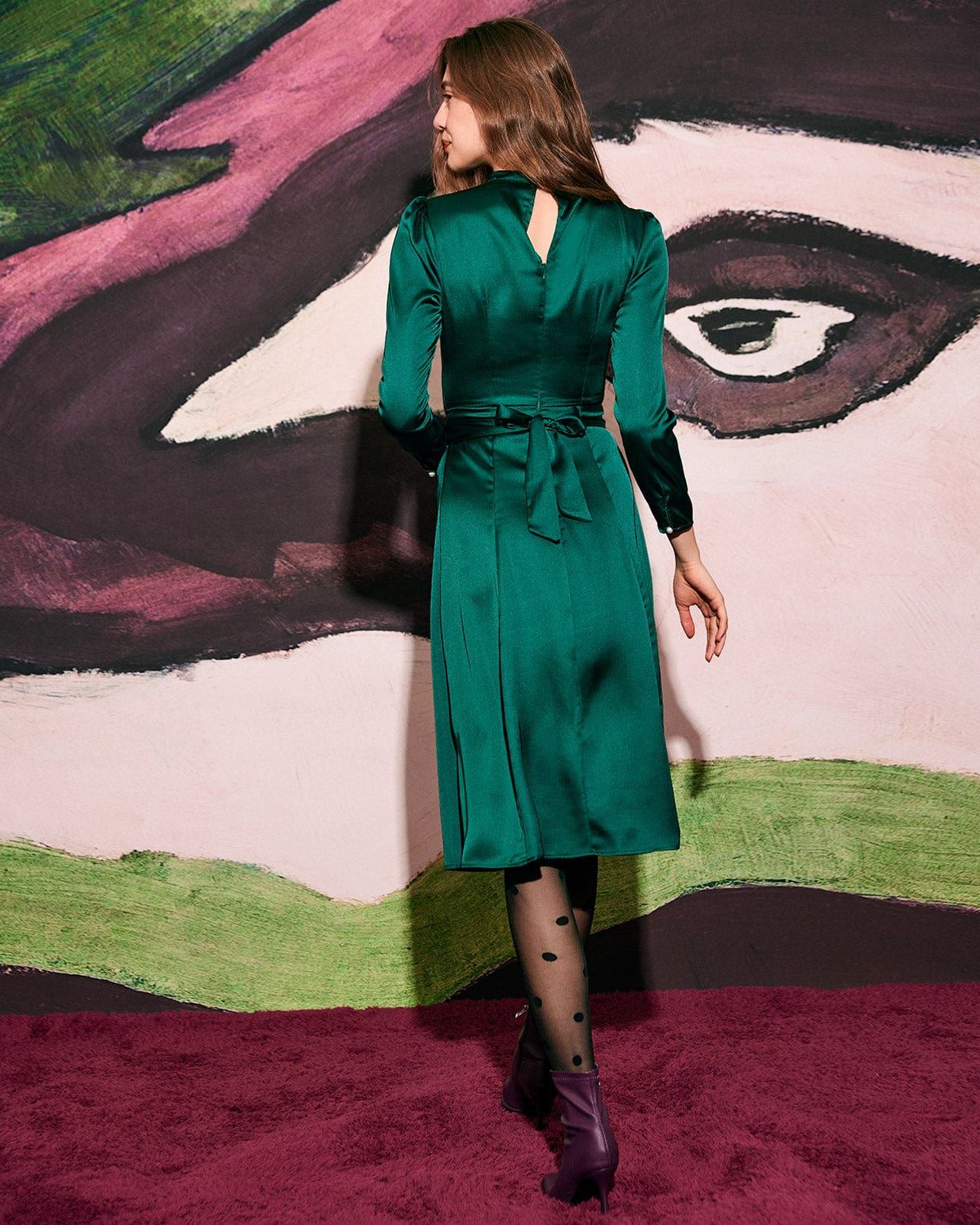 The Cutout Back Satin Long Sleeve Midi Dress sold by rihoas product image thumbnail 5
