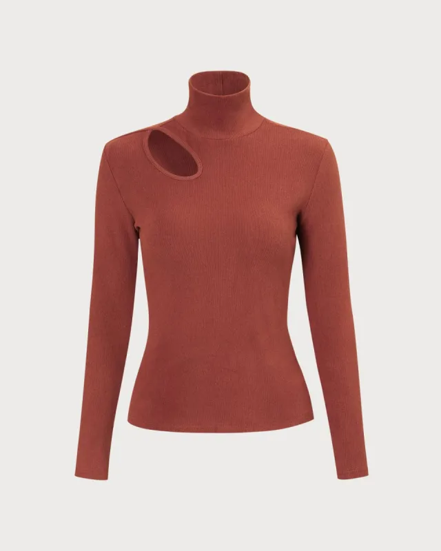 The Brick Red High Neck Cutout Knit Top sold by rihoas