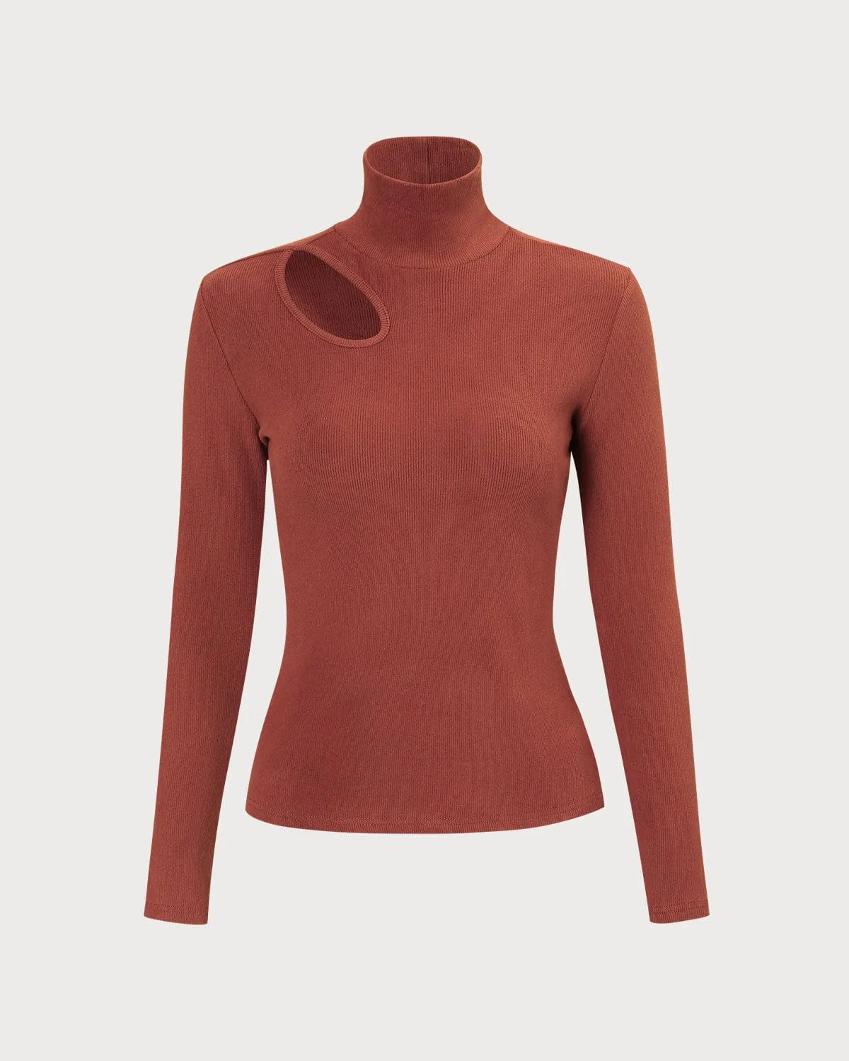 The Brick Red High Neck Cutout Knit Top sold by rihoas
