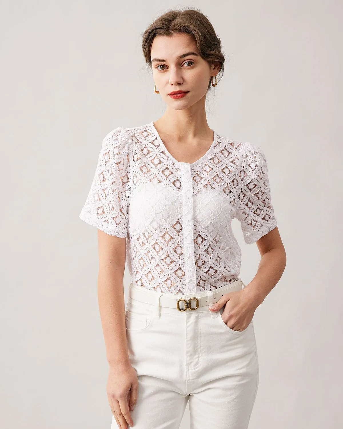 The White Lace Puff Sleeve Blouse sold by rihoas