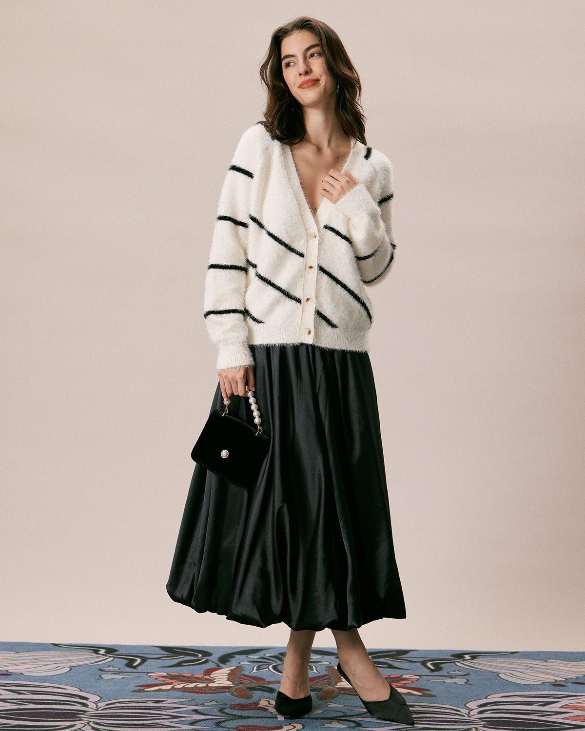 The White V Neck Fluffy Striped Cardigan sold by rihoas product image thumbnail 2