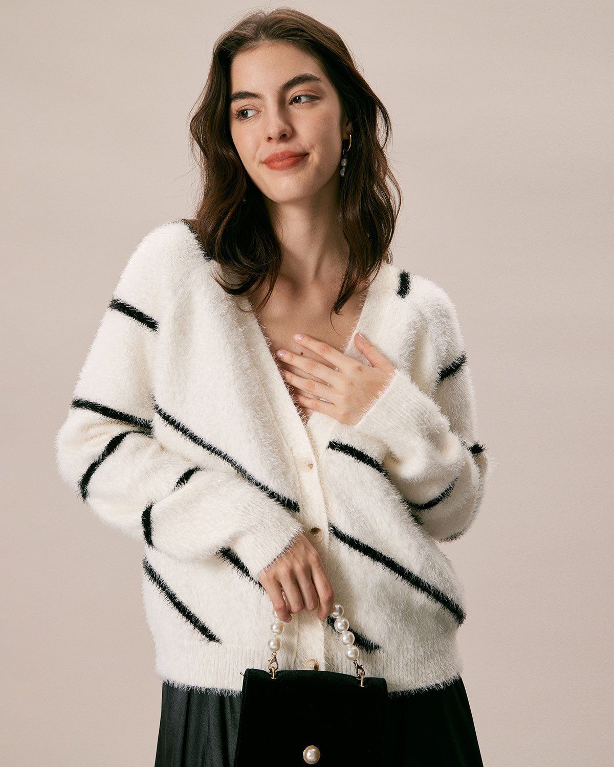 The White V Neck Fluffy Striped Cardigan sold by rihoas product image thumbnail 4