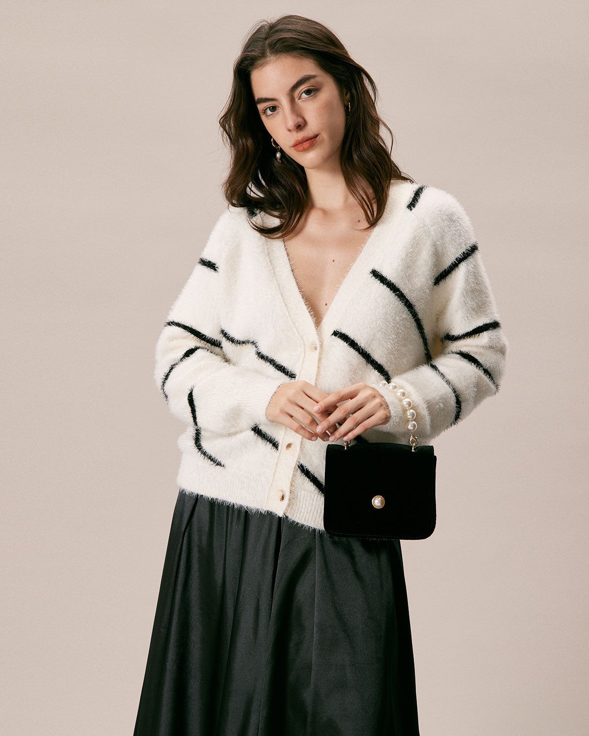 The White V Neck Fluffy Striped Cardigan sold by rihoas product image thumbnail 3