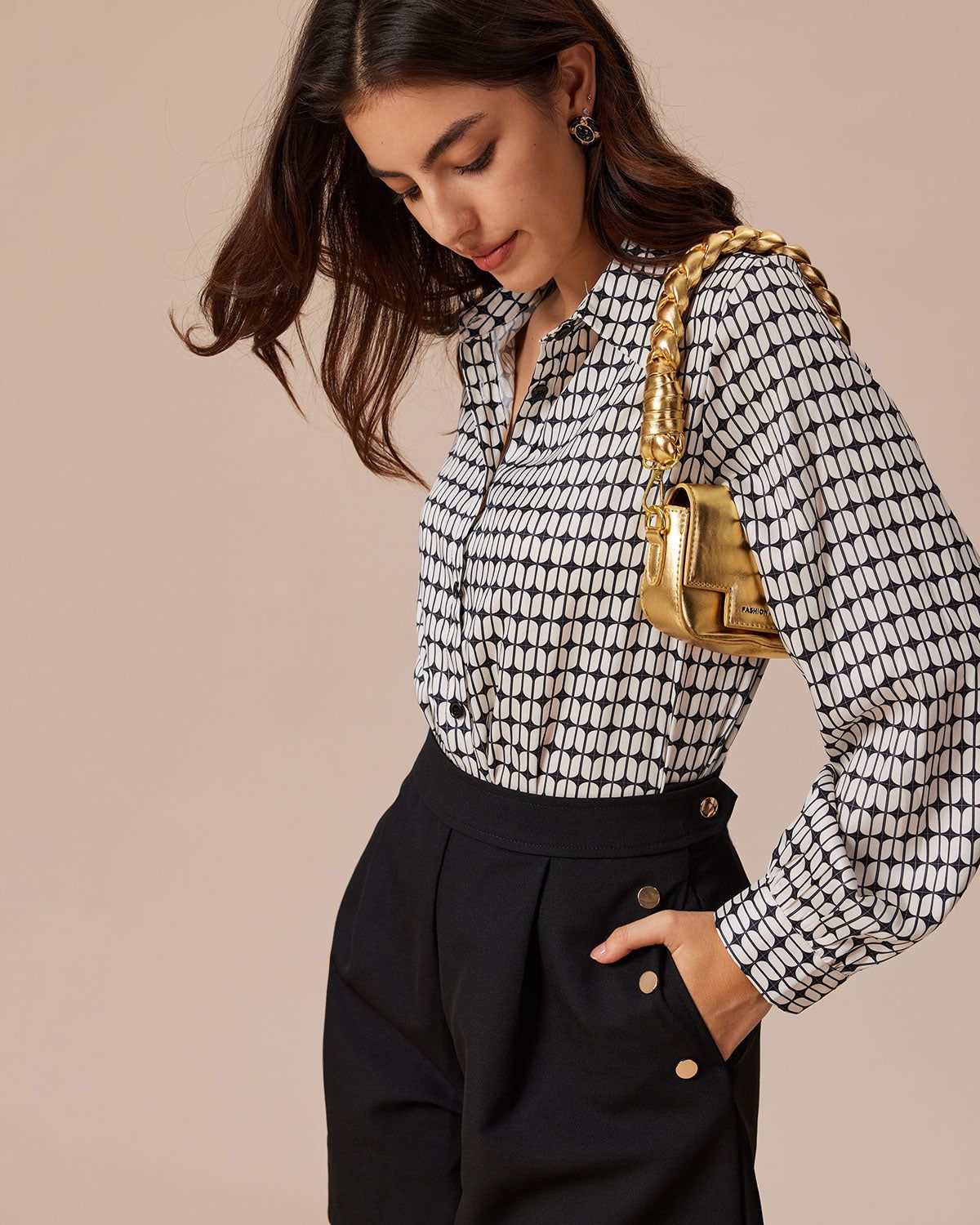 The Black Collared Geometric Print Button Shirt sold by rihoas product image thumbnail 2