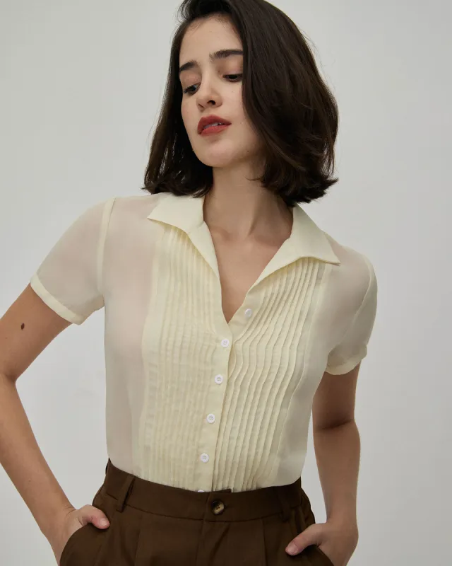 The Beige V Neck Pleated Chiffon Blouse sold by rihoas