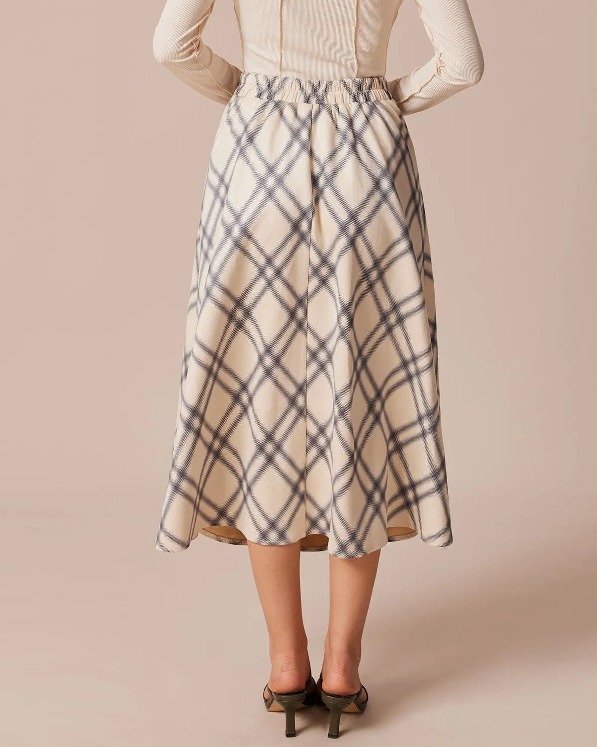 The Khaki High Waisted Plaid A-Line Midi Skirt sold by rihoas product image thumbnail 5