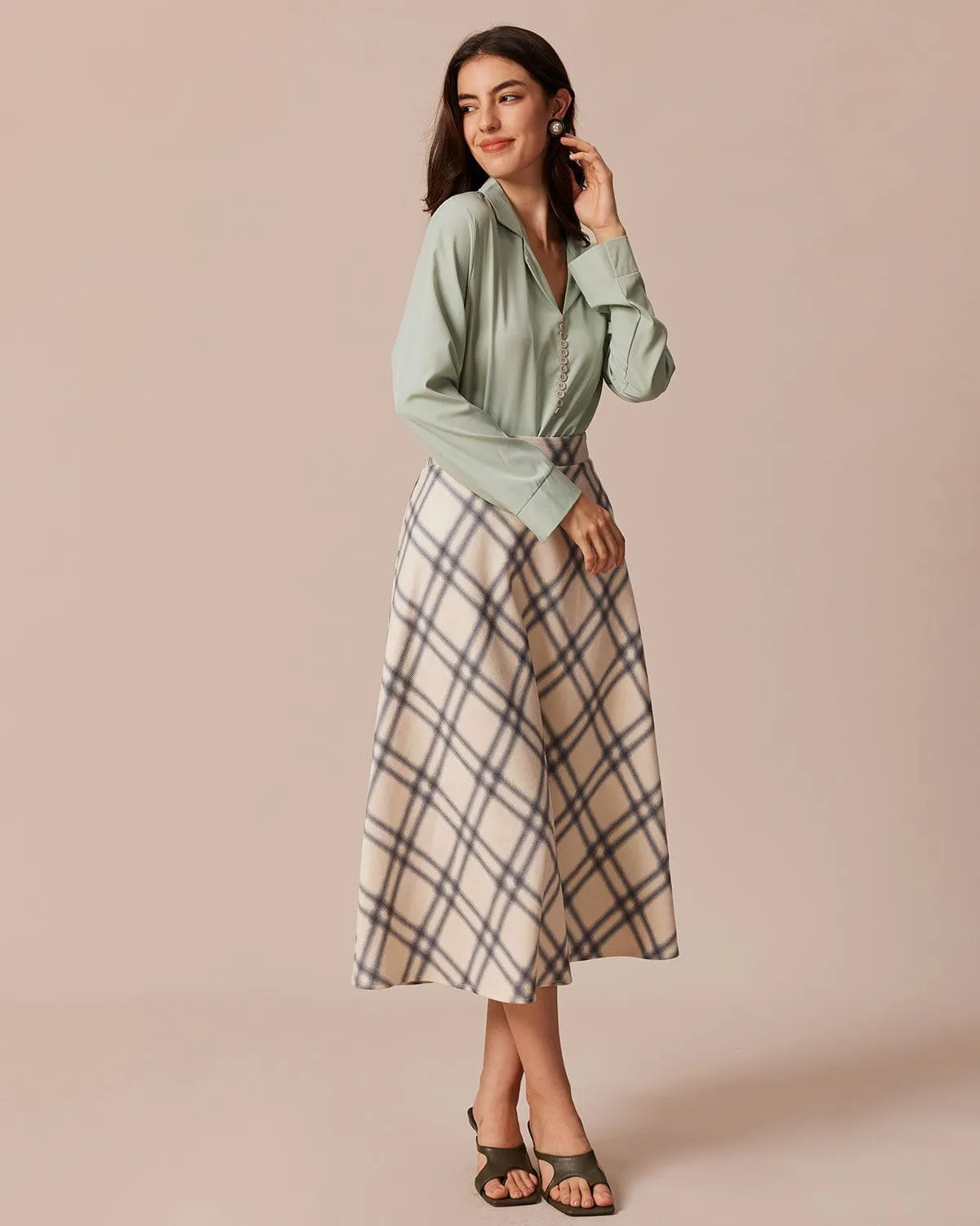 The Khaki High Waisted Plaid A-Line Midi Skirt sold by rihoas product image thumbnail 3