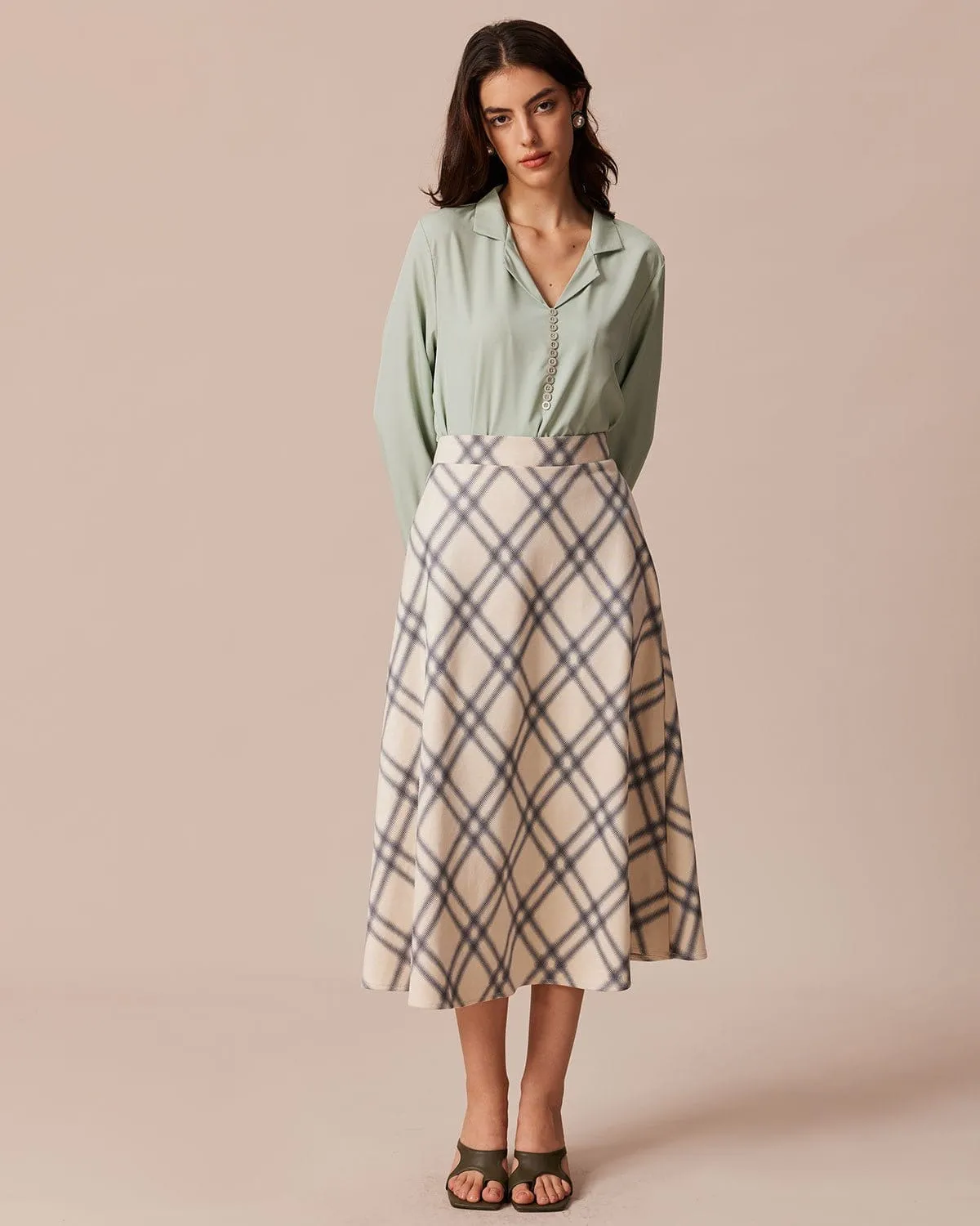 The Khaki High Waisted Plaid A-Line Midi Skirt sold by rihoas product image thumbnail 2
