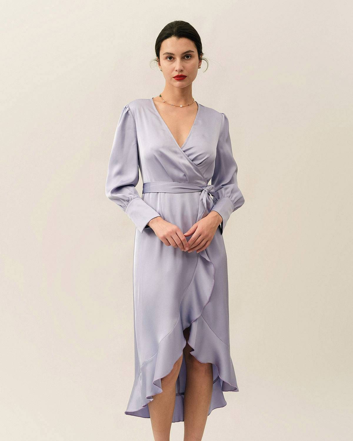 The Ruffle Satin Wrap Maxi Dress sold by rihoas