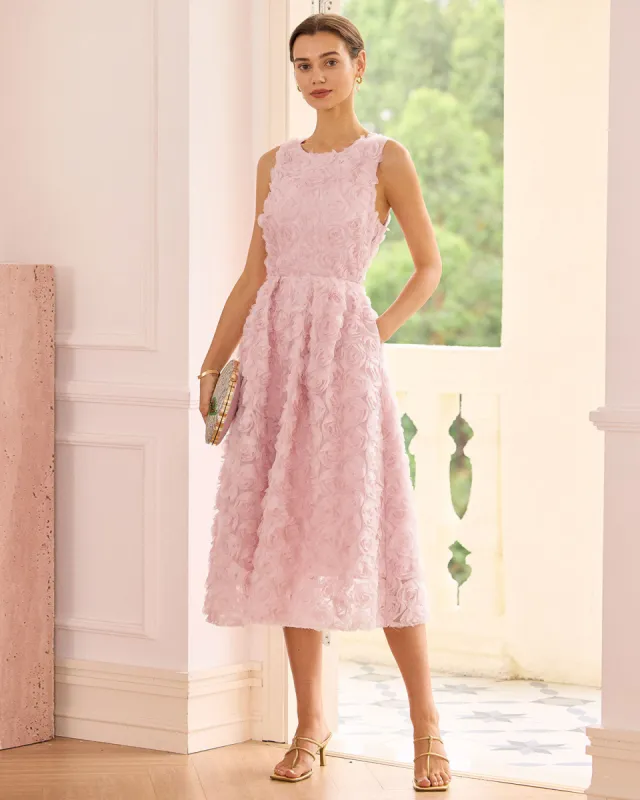 The Pink Round Neck Backless Midi Dress sold by rihoas