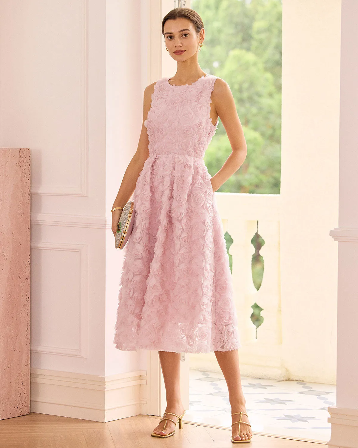 The Pink Round Neck Backless Midi Dress sold by rihoas